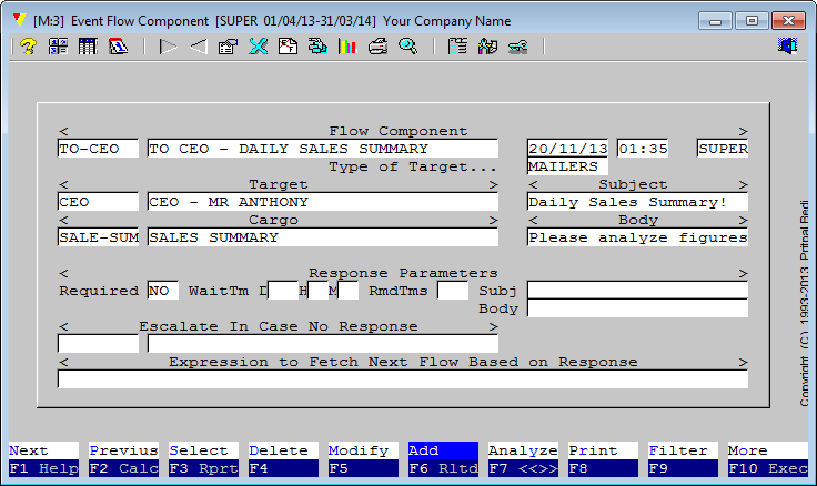 A completed <Flow> entry will look something like this, though it will be different per event needs. Note that this event does not request a response from the target. and also there is no <escalation> attached to the response received. Any response received, no matter if that is requested or not is recorded with the event log, though, of course, no action is performed.