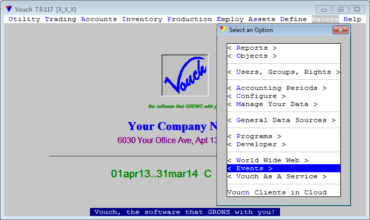 Select <Events> prompt off <Manage> option of main menubar.