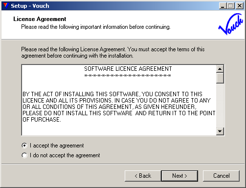License Agreement - Read Carefully, if agreed, check <I accept agreement> radio-button and click <Next>