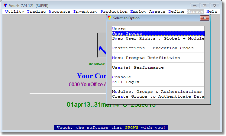 Select <User Groups> from next popup presented after selecting <Users, Groups, Rights> option.